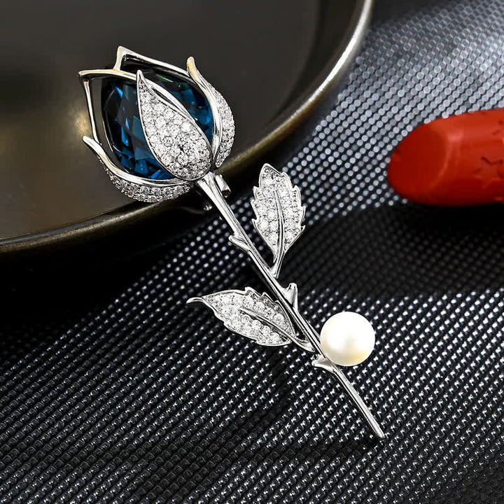 Women's Classy Blue Tulip Created Crystal Brooch - Silver - image 0