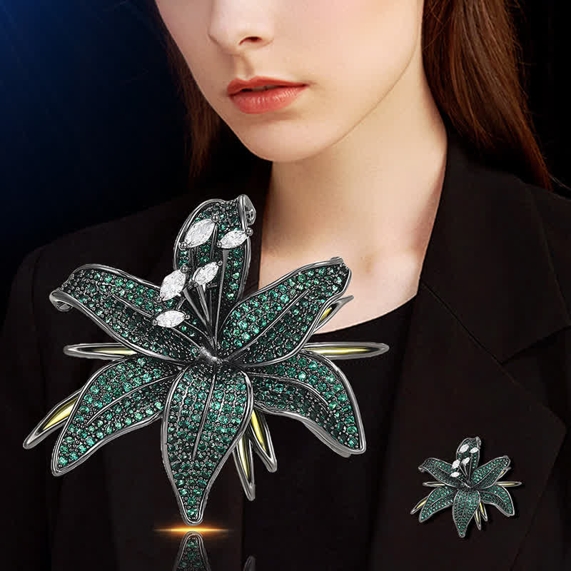 Women's Dark Green Lily Crystal Zircons Inlaid Brooch - image 1
