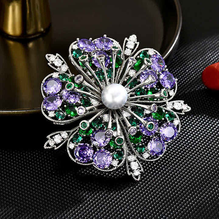 Women's Elagant Floral Colored Zircon Pearl Brooch - Purple & Green - image 0