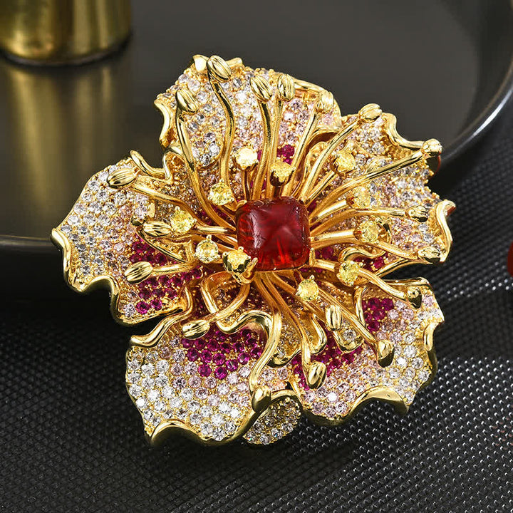 Women's Luxury Colored Cubic Zircon Retro Flower Brooch - Red - image 2
