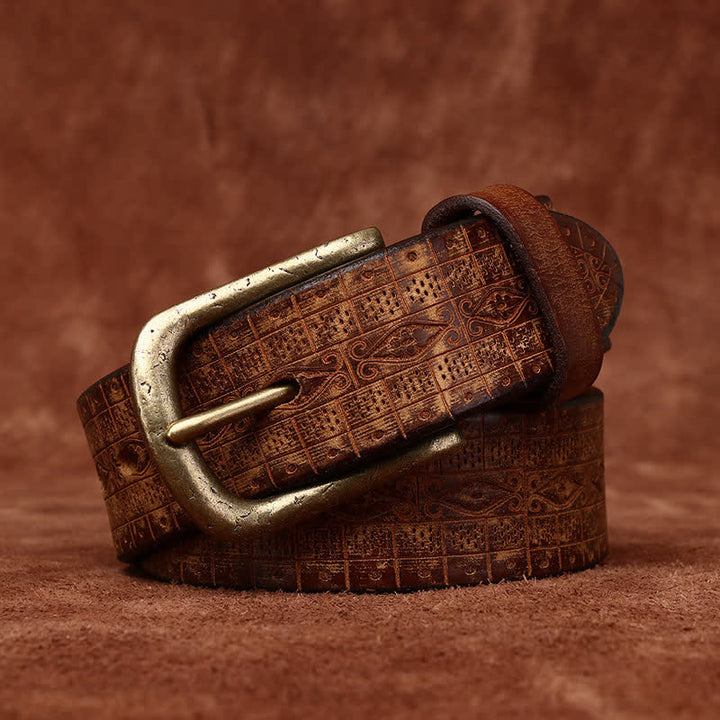 Western Carved Embossed Pattern Thicken Leather Belt - Khaki - 46 - image 0