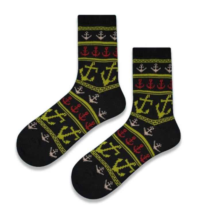 Nautical Flavour Anchor Print Cotton Crew Socks - Black - 6 Pairs - One Size (US 6.5 - US 10) - image 11