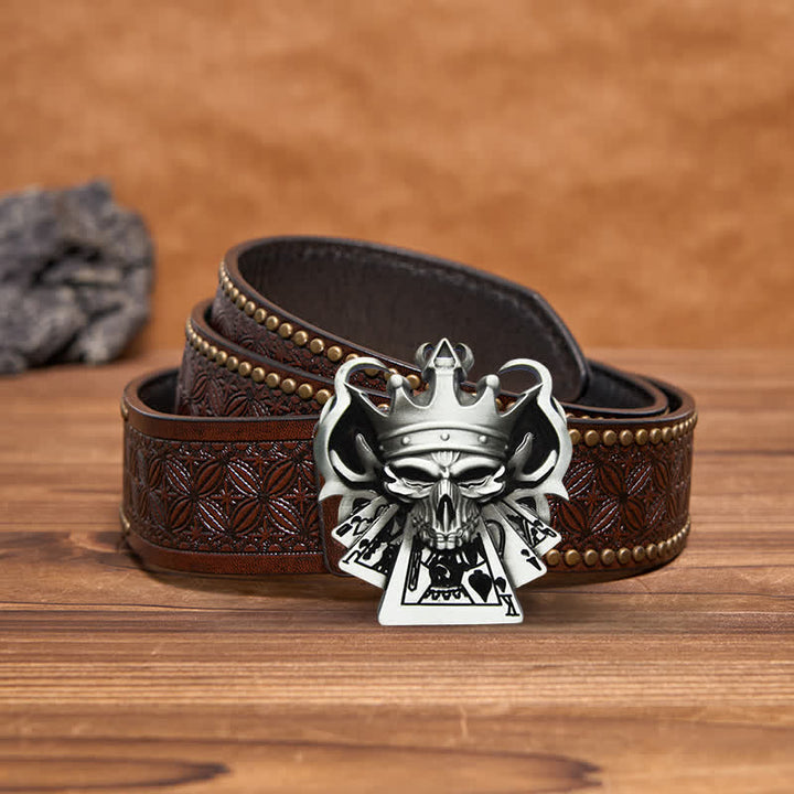 Men's DIY Skull Royal Flush Poker Casino Buckle Leather Belt - Silver - Brown Rivet Belt - 42 - image 3