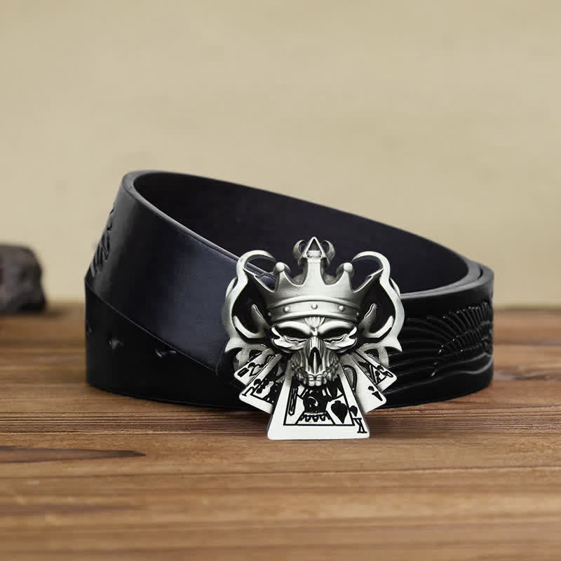 Men's DIY Skull Royal Flush Poker Casino Buckle Leather Belt - Silver - Black Embossed Eagle Belt - 42 - image 1