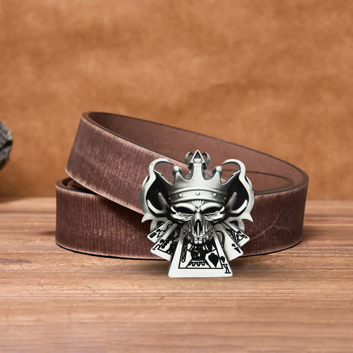 Men's DIY Skull Royal Flush Poker Casino Buckle Leather Belt - Silver - Brown Distressed Belt - 42 - image 4