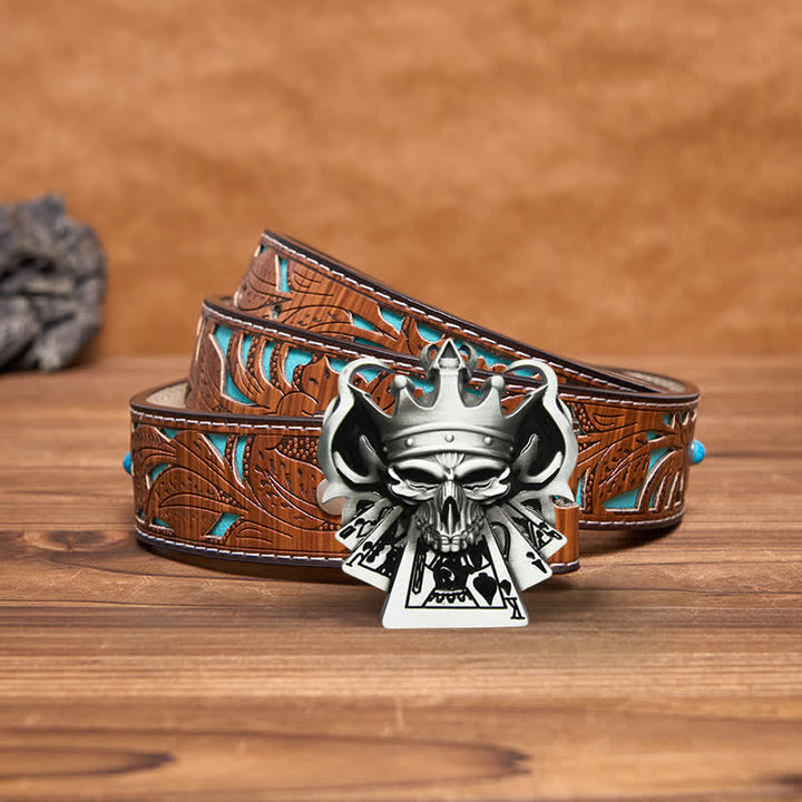 Men's DIY Skull Royal Flush Poker Casino Buckle Leather Belt - Silver - Turquoise Carved Belt - 42 - image 2