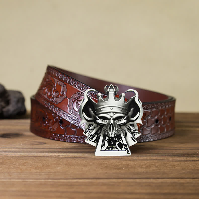 Men's DIY Skull Royal Flush Poker Casino Buckle Leather Belt - Silver - Brown Carved Belt - 42 - image 5