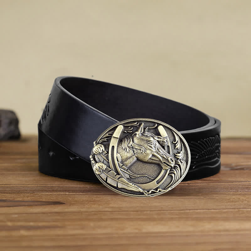 Men's DIY Bronze Horse Horseshoe Buckle Leather Belt - Bronze - Black Embossed Eagle Belt - 42 - image 4