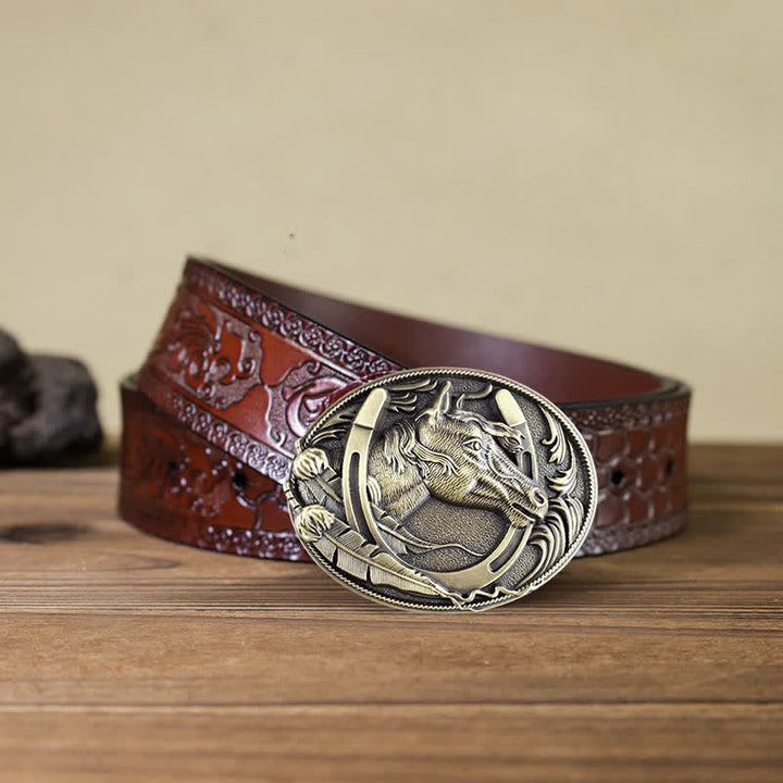 Men's DIY Bronze Horse Horseshoe Buckle Leather Belt - Bronze - Brown Carved Belt - 42 - image 8