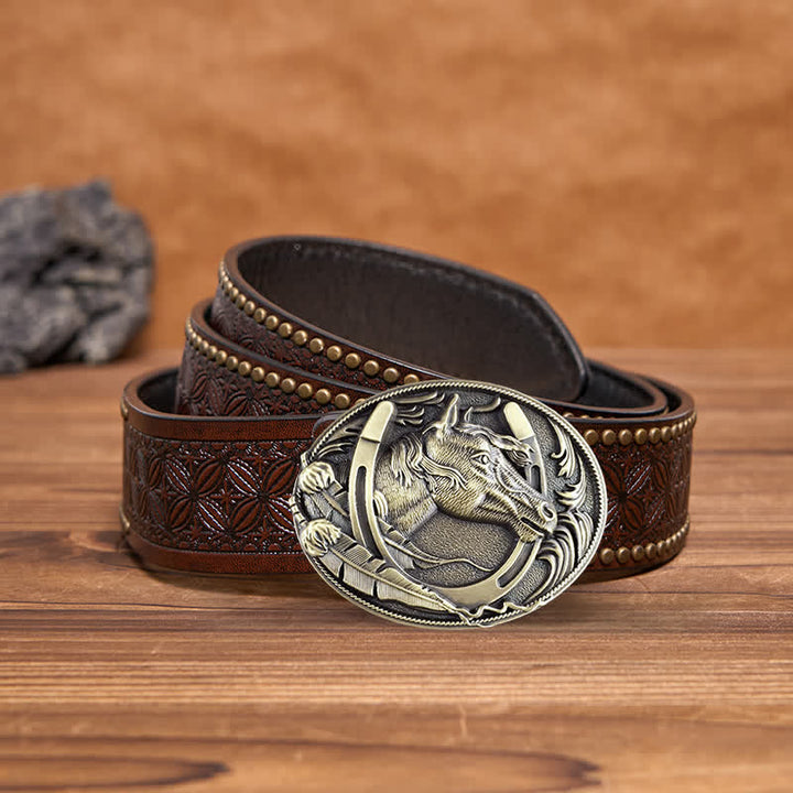 Men's DIY Bronze Horse Horseshoe Buckle Leather Belt - Bronze - Brown Rivet Belt - 42 - image 6