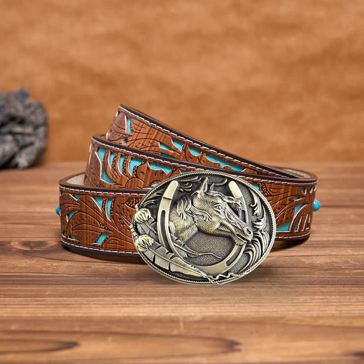 Men's DIY Bronze Horse Horseshoe Buckle Leather Belt - Bronze - Turquoise Carved Belt - 42 - image 5