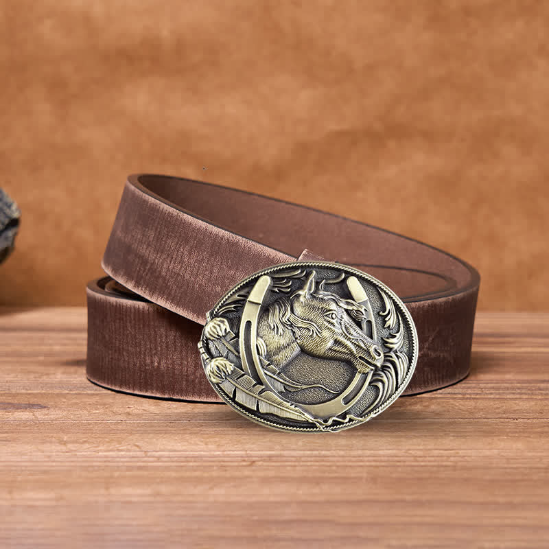 Men's DIY Bronze Horse Horseshoe Buckle Leather Belt - Bronze - Brown Distressed Belt - 42 - image 7