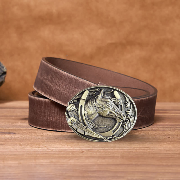Men's DIY Bronze Horse Horseshoe Buckle Leather Belt - Bronze - Brown Distressed Belt - 42 - image 7