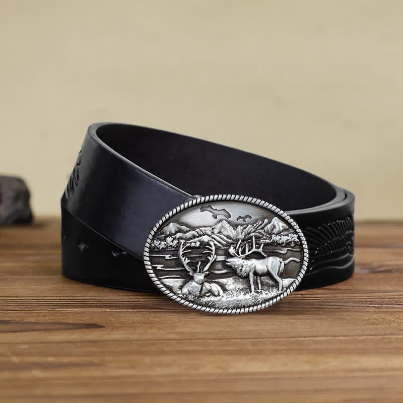 Men's DIY Wildlife Deers Western Style Buckle Leather Belt - Silver - Black Embossed Eagle Belt - 42 - image 2