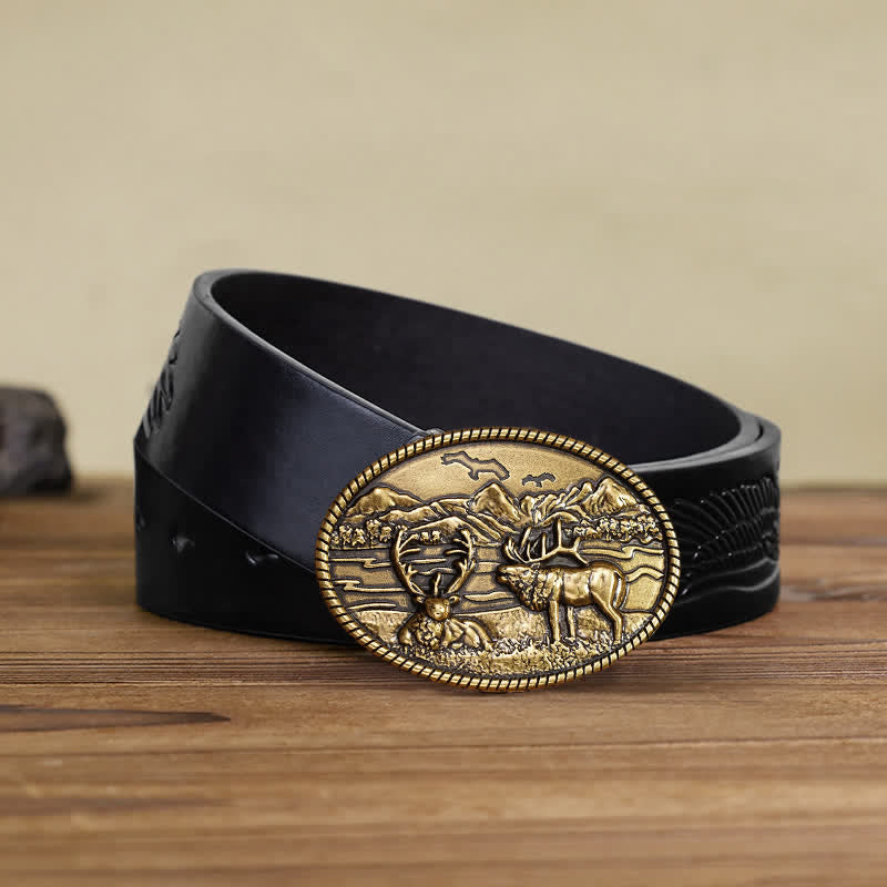 Men's DIY Wildlife Deers Western Style Buckle Leather Belt - Bronze - Black Embossed Eagle Belt - 42 - image 9