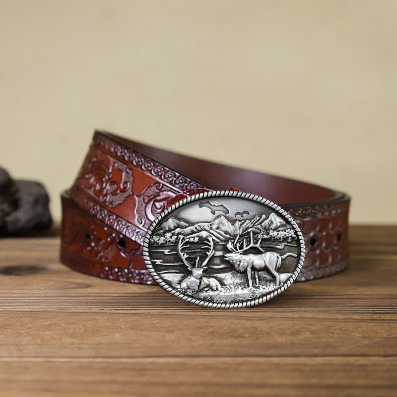 Men's DIY Wildlife Deers Western Style Buckle Leather Belt - Silver - Brown Carved Belt - 42 - image 6