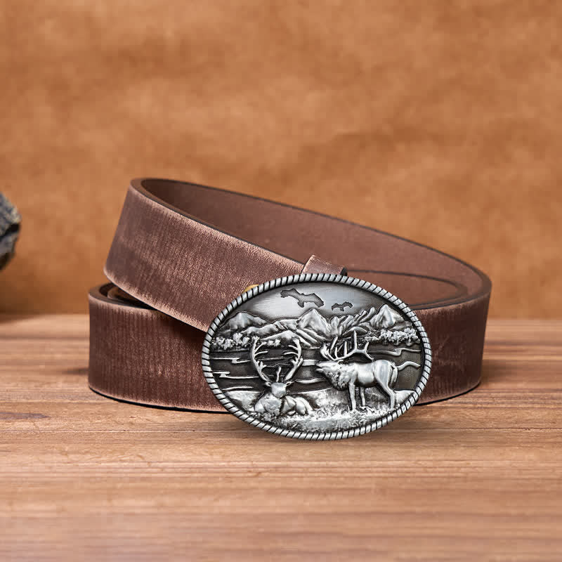 Men's DIY Wildlife Deers Western Style Buckle Leather Belt - Silver - Brown Distressed Belt - 42 - image 5