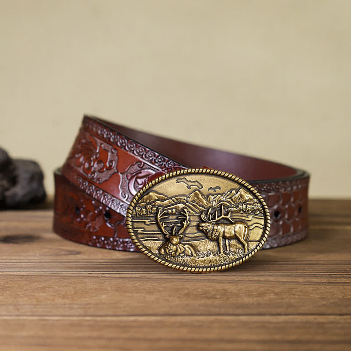 Men's DIY Wildlife Deers Western Style Buckle Leather Belt - Bronze - Brown Carved Belt - 42 - image 13
