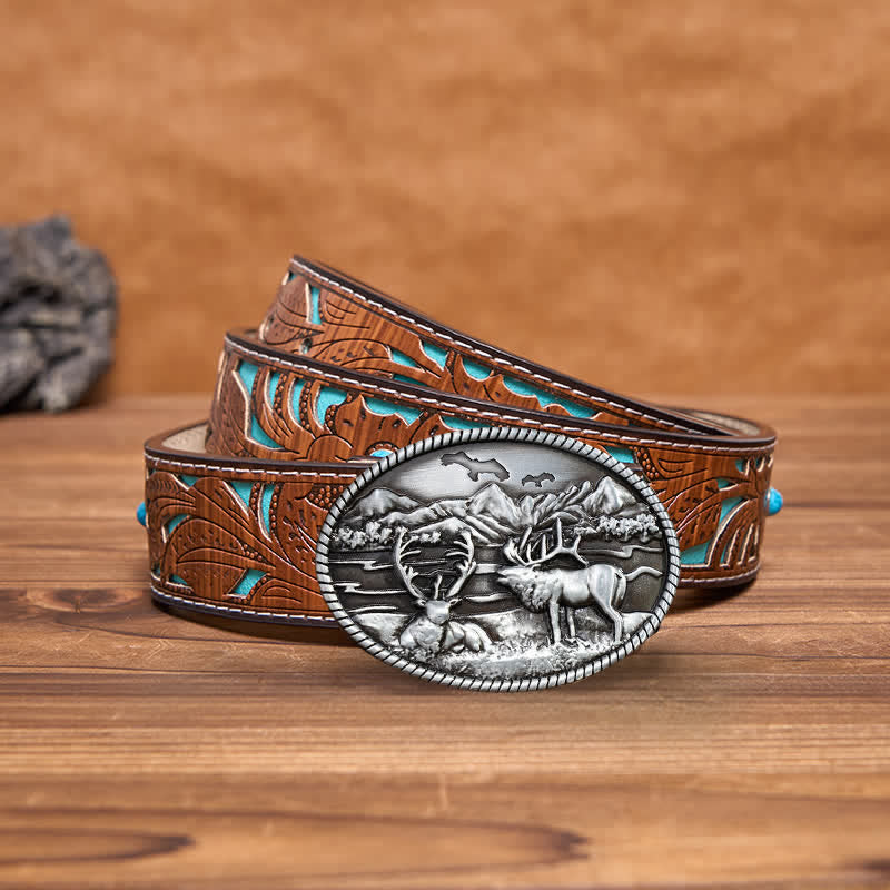 Men's DIY Wildlife Deers Western Style Buckle Leather Belt - Silver - Turquoise Carved Belt - 42 - image 3