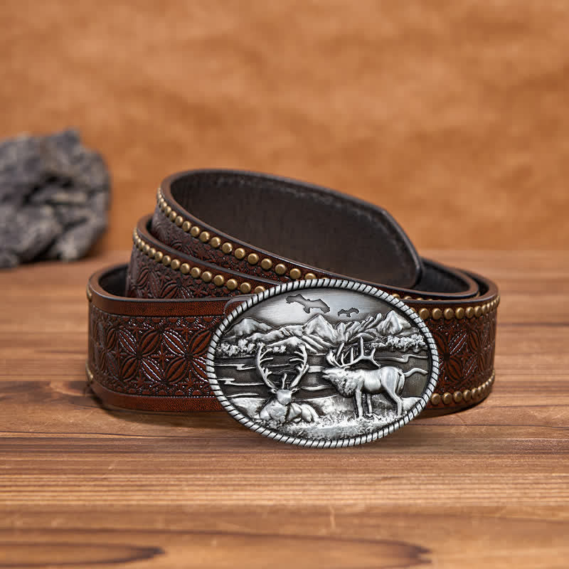 Men's DIY Wildlife Deers Western Style Buckle Leather Belt - Silver - Brown Rivet Belt - 42 - image 4