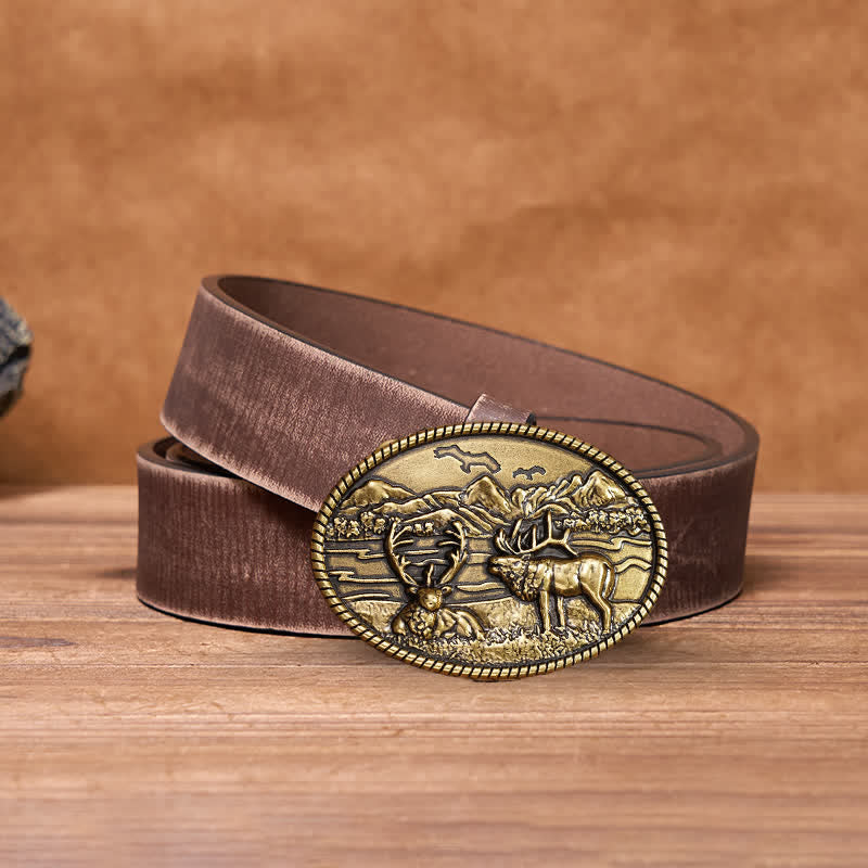 Men's DIY Wildlife Deers Western Style Buckle Leather Belt - Bronze - Brown Distressed Belt - 42 - image 12
