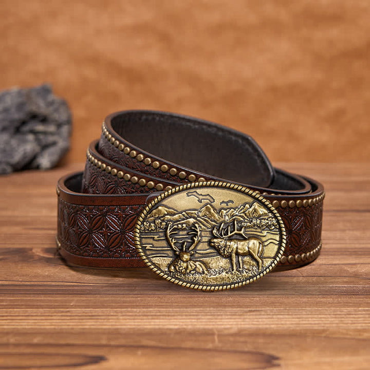 Men's DIY Wildlife Deers Western Style Buckle Leather Belt - Bronze - Brown Rivet Belt - 42 - image 11