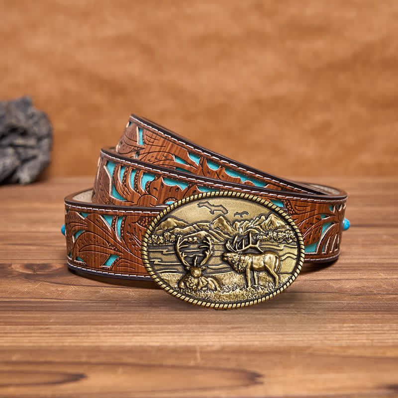 Men's DIY Wildlife Deers Western Style Buckle Leather Belt - Bronze - Turquoise Carved Belt - 42 - image 10