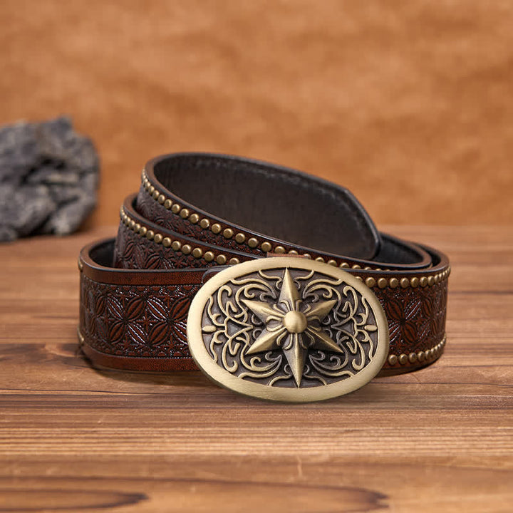 Men's DIY Solid Brass Hexagram Star Buckle Leather Belt - Bronze - Brown Rivet Belt - 42 - image 3