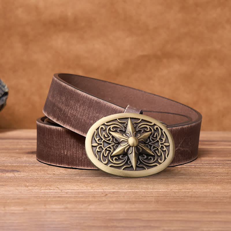 Men's DIY Solid Brass Hexagram Star Buckle Leather Belt - Bronze - Brown Distressed Belt - 42 - image 4