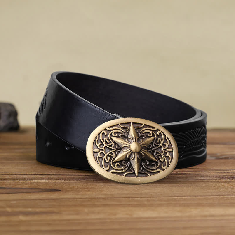 Men's DIY Solid Brass Hexagram Star Buckle Leather Belt - Bronze - Black Embossed Eagle Belt - 42 - image 1