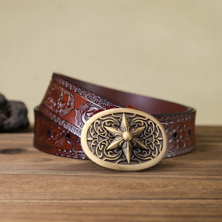 Men's DIY Solid Brass Hexagram Star Buckle Leather Belt - Bronze - Brown Carved Belt - 42 - image 5