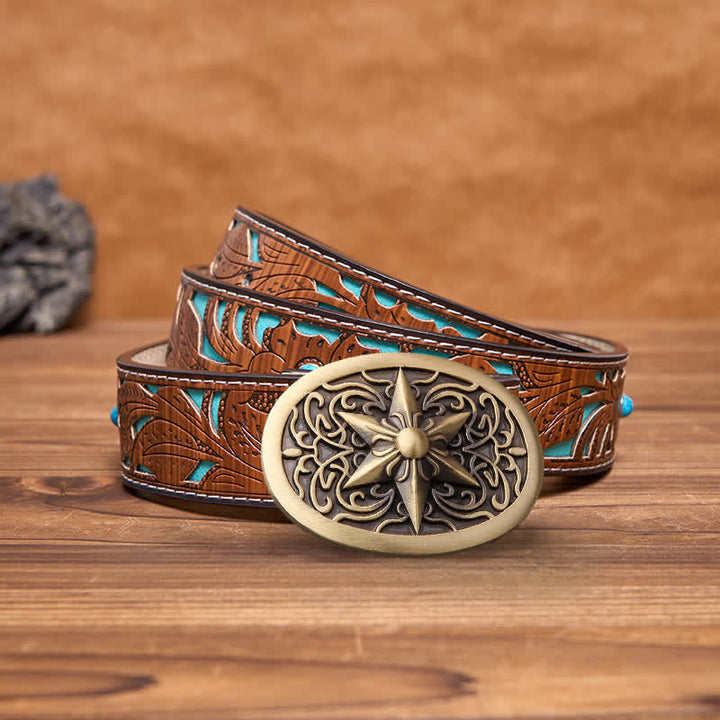 Men's DIY Solid Brass Hexagram Star Buckle Leather Belt - Bronze - Turquoise Carved Belt - 42 - image 2