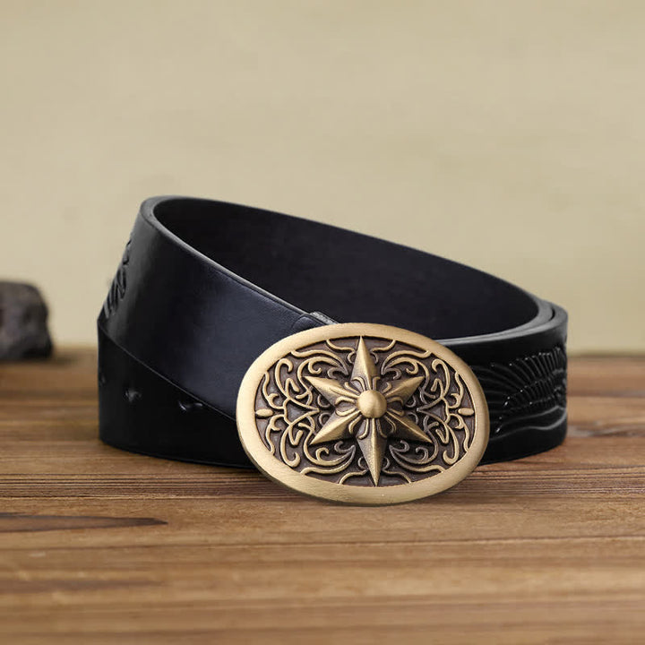 Men's DIY Solid Brass Hexagram Star Buckle Leather Belt - Bronze - Black Embossed Eagle Belt - 42 - image 1