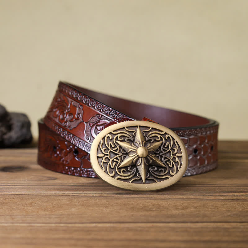 Men's DIY Solid Brass Hexagram Star Buckle Leather Belt - Bronze - Brown Carved Belt - 42 - image 5