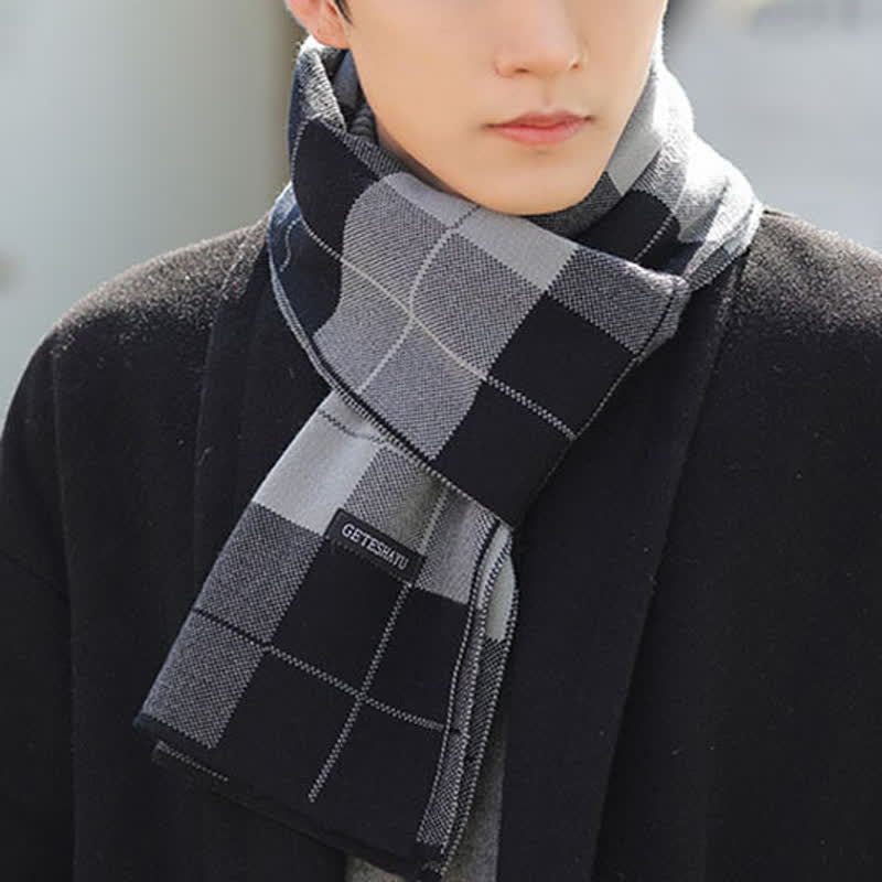 Men's Winter Warm Checked Knitted Classic Plaid Wool Scarf - Black & Gray - image 0