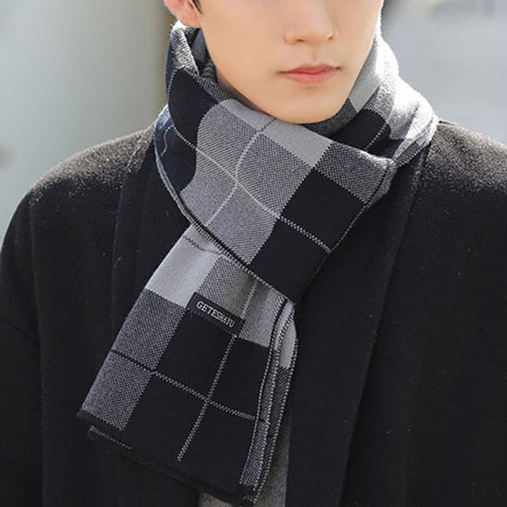 Men's Winter Warm Checked Knitted Classic Plaid Wool Scarf - Black & Gray - image 0