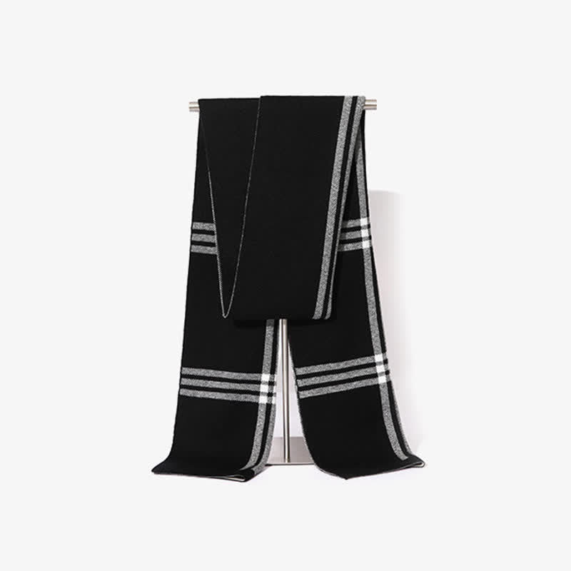 Men's Simple Striped & Plaid Patterned Wool Scarf - Black - image 1