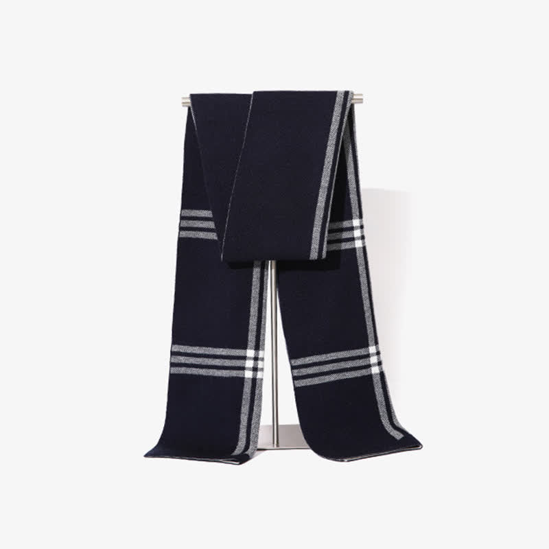 Men's Simple Striped & Plaid Patterned Wool Scarf - Navy - image 10