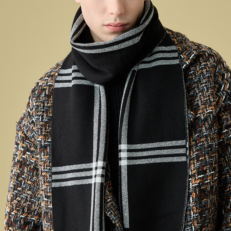 Men's Simple Striped & Plaid Patterned Wool Scarf - image 3