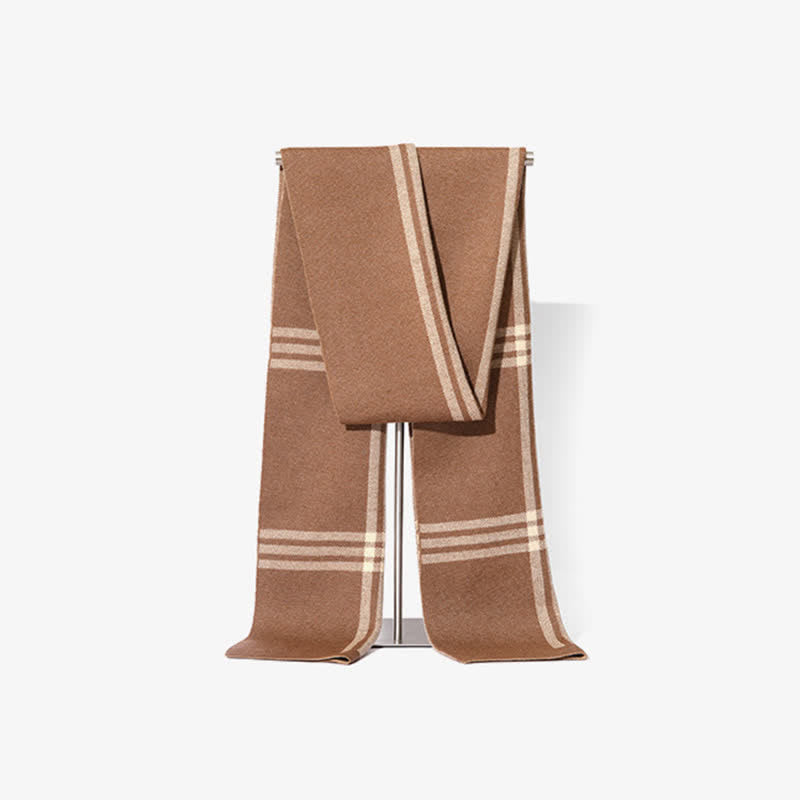 Men's Simple Striped & Plaid Patterned Wool Scarf - Khaki - image 6