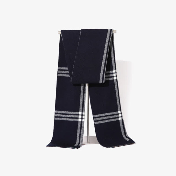 Men's Simple Striped & Plaid Patterned Wool Scarf - Navy - image 10