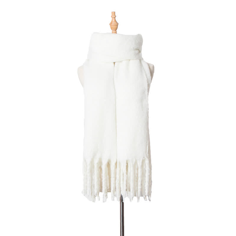 Unisex Warm Pure Color Thickened Tassels Roving Scarf - White - image 15