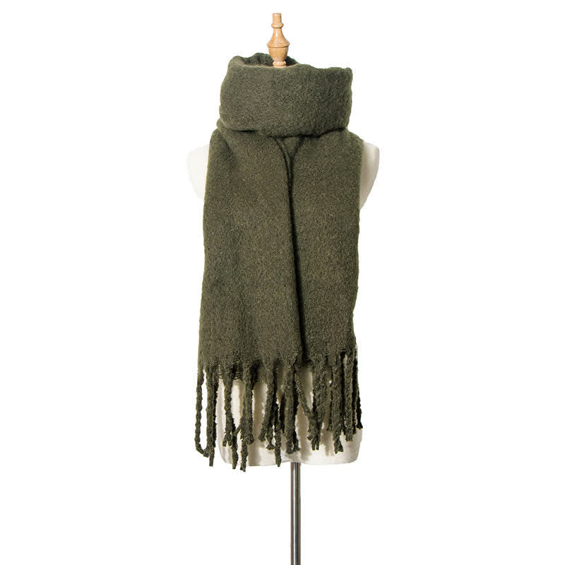 Unisex Warm Pure Color Thickened Tassels Roving Scarf - Army Green - image 14