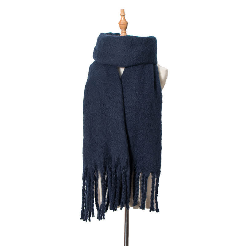 Unisex Warm Pure Color Thickened Tassels Roving Scarf - Navy - image 21