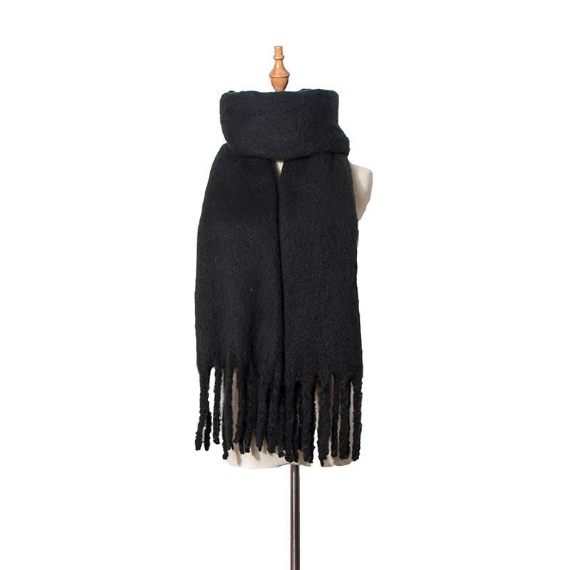 Unisex Warm Pure Color Thickened Tassels Roving Scarf - Black - image 17