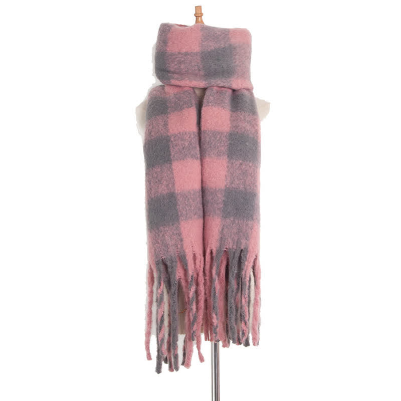 Unisex Oversized Color Block Tassels Roving Scarf - Pink & Gray - image 40