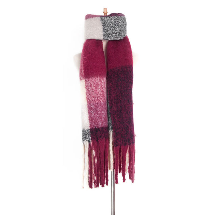 Unisex Oversized Color Block Tassels Roving Scarf - Burgundy - image 23
