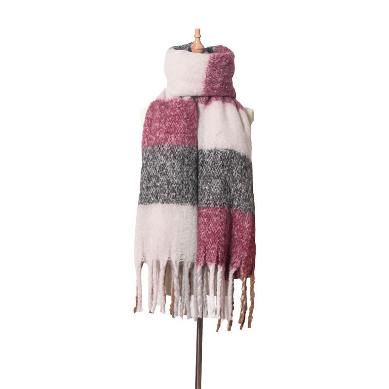 Unisex Oversized Color Block Tassels Roving Scarf - Burgundy & Gray - image 13