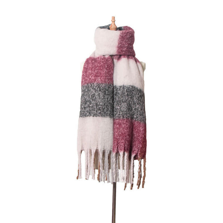 Unisex Oversized Color Block Tassels Roving Scarf - Burgundy & Gray - image 13