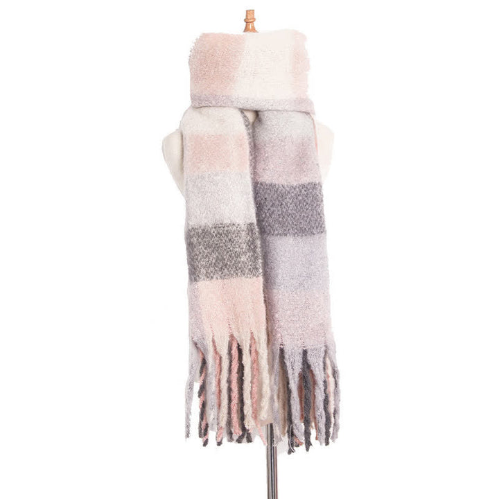 Unisex Oversized Color Block Tassels Roving Scarf - Light Pink & Gray - image 30